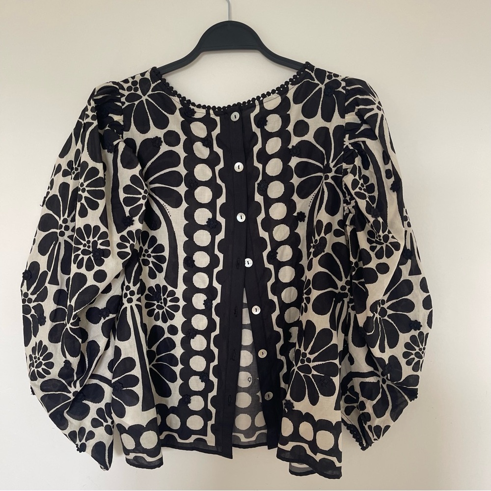 NWT Farm Rio Palermo Anthropology Black & White Floral Puff-Sleeve Women's Top - Picture 7 of 13